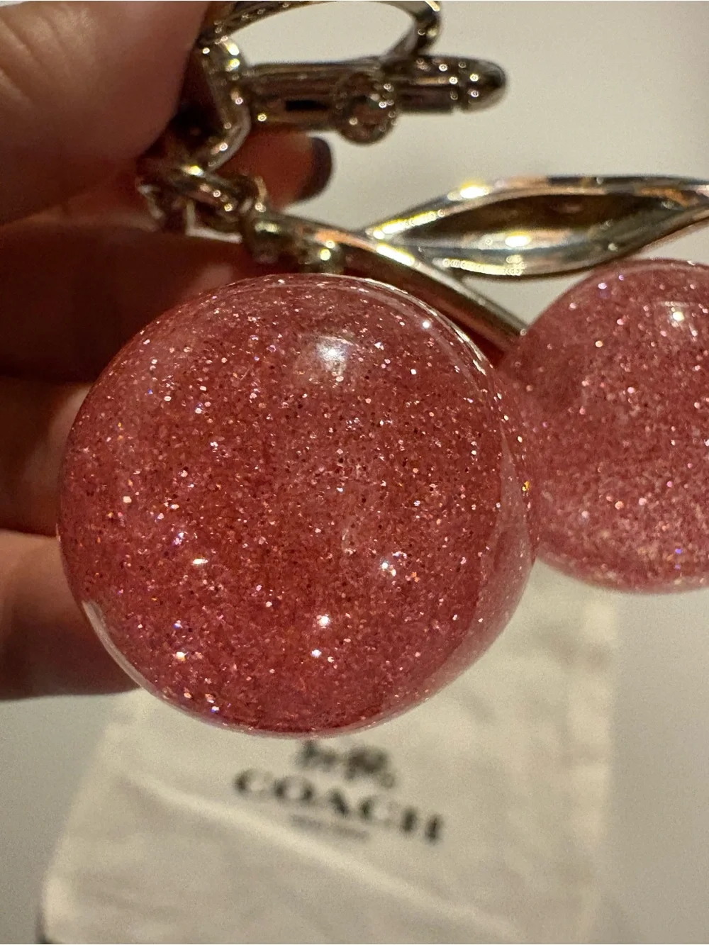 Coach Pink Glitter Cherry Bag Charm / Keychain w/ Dust Bag